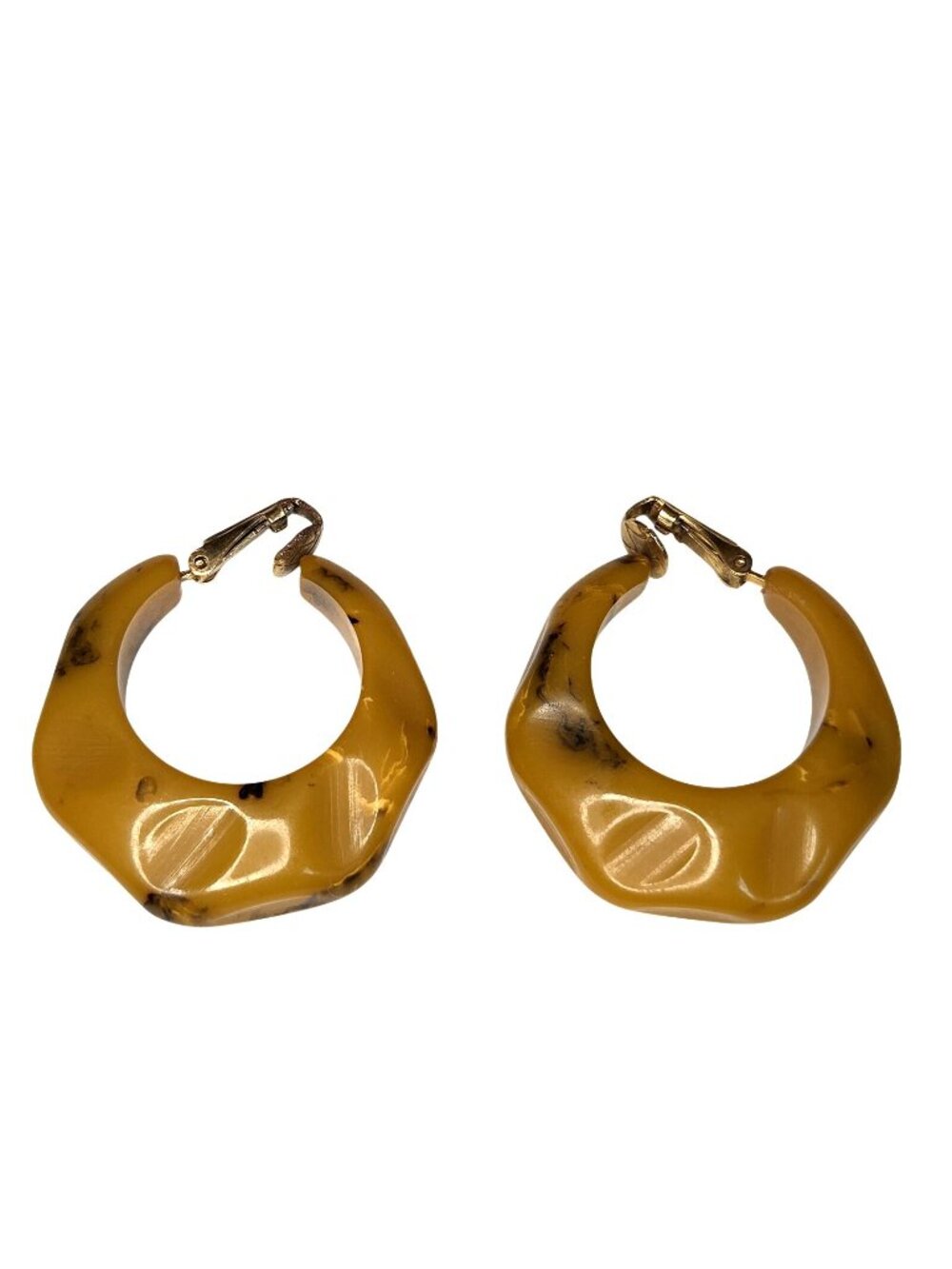 Bakelite Vintage Marbled Toffee Asymmetrical Brass Clip on 1.5" Hoop Earrings